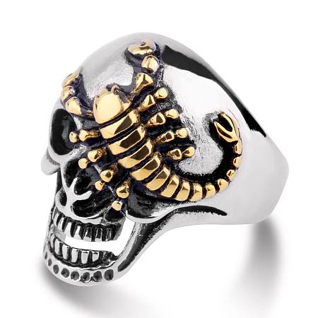 Two Tone 316L Surgical Stainless Steel Skull with Scorpion Finger Ring SKUL-PW0002-034F-GP-1