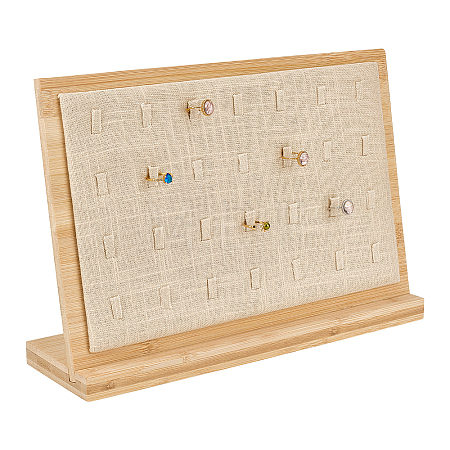 28-Slot Wooden Slant Back Jewelry Ring Organizer Display Stands with Linen Cloth Mat ODIS-WH0043-266-1