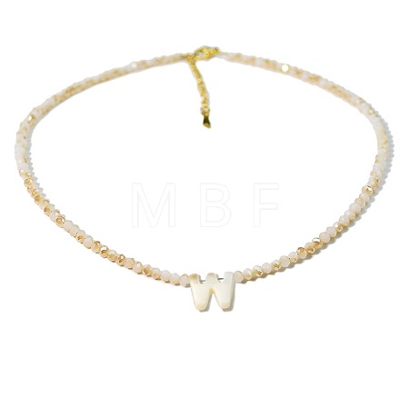 Natural White Shell Letter Faceted Glass Beaded Necklaces with 304 Stainless Steel End Chains SS7282-22-1