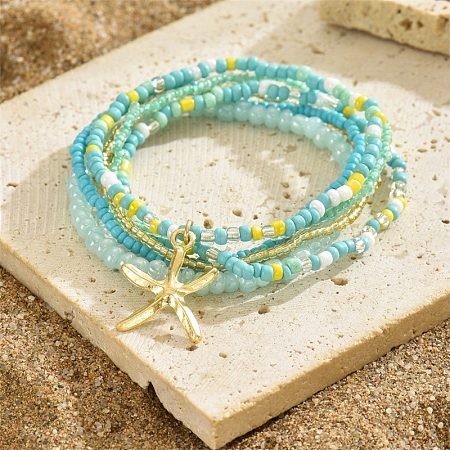 Multilayer Glass Seed Beads Starfish Pendant Anklet for Women PW-WG7288D-07-1