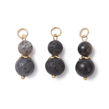 3Pcs 3 Styles Natural Lava Rock & Larvikite & Golden Sheen Obsidian Round Beaded Pendants PALLOY-JF04701-07-1