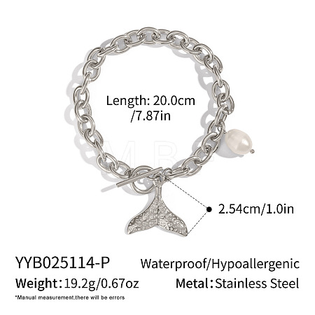 304 Stainless Steel Ocean Holiday Fish Tail Charm Bracelets with Natural Freshwater Pearl and OT Clasps TD7743-2-1