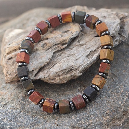 Cube Natural Picasso Jasper & Synthetic Non-magnetic Hematite Beads Stretch Bracelets for Women Men LS-PF6426-5-1