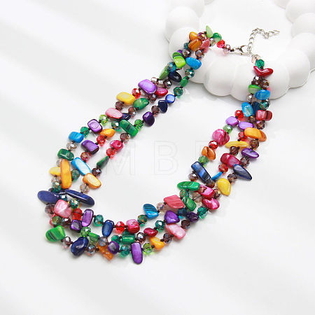 Boho Glass & Dyed Natural Shell Beaded Chips 3 Layer Necklaces for Women NJEW-H047-01C-1