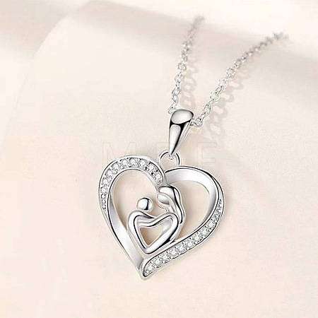 Alloy Crystal Rhinestone Heart with Mother and Baby Pendant Necklaces for Mother's Day FS-WGAE5FE-01-1
