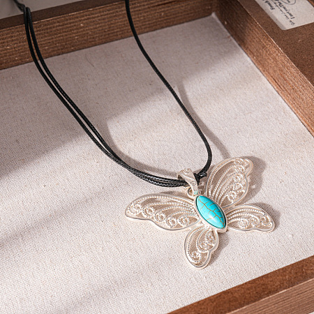 Alloy with Synthetic Turquoise Hollow Butterfly Pendant Black Waxed Cord Long Necklaces for Women FS-WG6109F-02-1