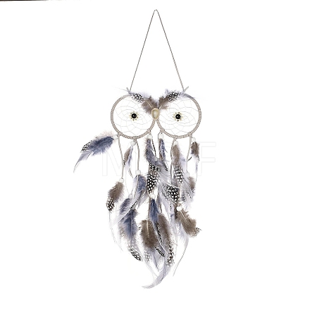 Owl Woven Web/Net with Feather Hanging Ornaments HJEW-G025-05-1