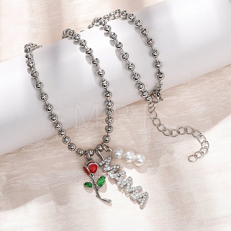 Mother's Day Brass Micro Pave Clear Cubic Zirconia Enamel Red Rose Flower Mama Pendant Necklaces for Women NJEW-A071-02P-1