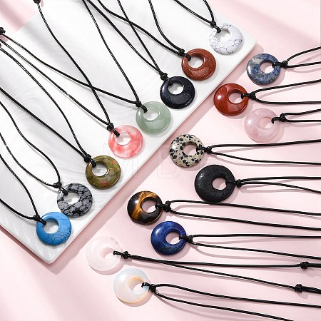 Ring Natural & Synthetic Mixed Gemstone Pendant Black Waxed Cord Adjustable Necklaces NJEW-G169-02-1