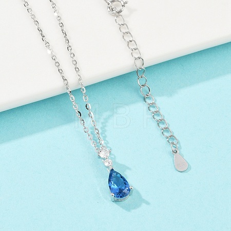 925 Sterling Silver Sapphire Rhinestone Teardrop Pendant Necklace for Women NJEW-V013-01P-1