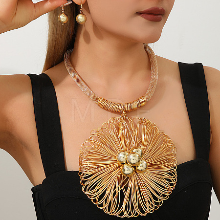 Aluminum & Brass & CCB Wire Flower Bib Necklace & Ball Dangle Earrings for Women WGD13CF-01-1