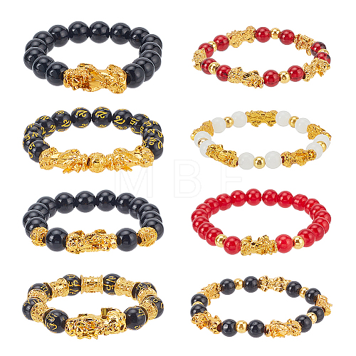8Pcs 8 Styles Resin Imitation Gemstone & Alloy Pixiu Beaded Stretch Bracelets Set BJEW-AN0001-41-1