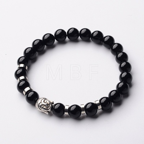 Buddha Head Gemstone Beaded Stretch Bracelets X-BJEW-JB01864-06-1