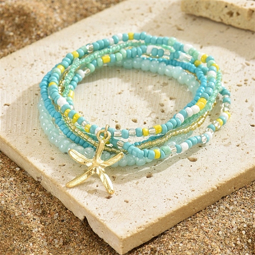 Multilayer Glass Seed Beads Starfish Pendant Anklet for Women PW-WG7288D-07-1