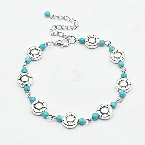 Bohemian Synthetic Turquoise & Alloy with Carved Flowers Link Bracelets XI0721-2-1