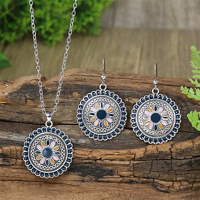 Flower Alloy Enamel Pendant Necklaces & Dangle Earrings Sets WG8932C-04-1