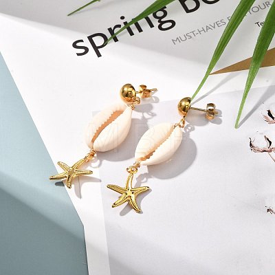 Natural Shell with Starfish Charm Dangle Stud Earrings for Girl Women EJEW-JE04663-1