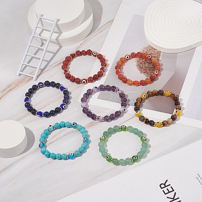 7Pcs 7 Style Natural & Synthetic Mixed Stone Stretch Bracelets Set with Lampwork Evil Eye Beaded BJEW-JB08771-1