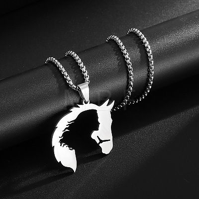 201 Stainless Steel Girl Cut Out Horsehead Pendant Necklaces for Women WGF6804-01-1