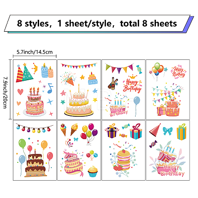 8 Sheets 8 Styles Birthday Cake PVC Waterproof Wall Stickers DIY-WH0345-082-1