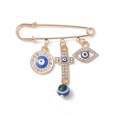 Crystal Rhinestone Evil Eye Charms Safety Pin Brooch with Resin Beaded JEWB-BR00088-1
