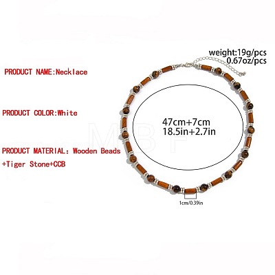 Adjustable Vintage Bohemian Men's Round Natural Tiger Eye and Column Wood Beaded Necklaces HA1225-1