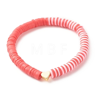 Polymer Clay Heishi Surfer Stretch Bracelet with Brass Heart BJEW-JB07850-1