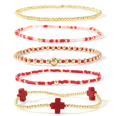 5Pcs 5 Styles Brass & Resin Beads Stretch Bracelets FP8271-2-1