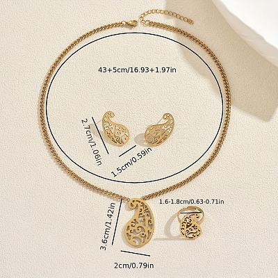 Stainless Steel Hollow Teardrop Pendant Necklace & Stud Earrings & Ring Sets for Women AU4910-1