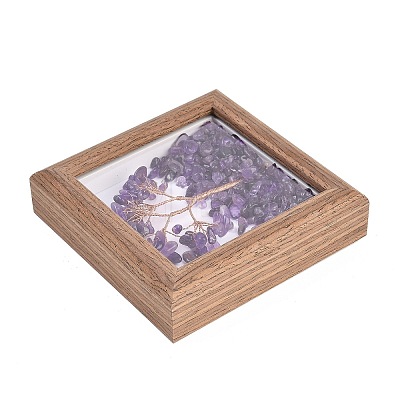 Natural Amethyst Chips Tree of Life with Wooden Photo Frame Decorations DJEW-B013-04B-1