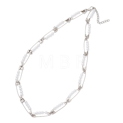 Round Acrylic Imitation Pearl Beaded Iron Safety Pin Link Chain Necklaces NJEW-JN05671-1