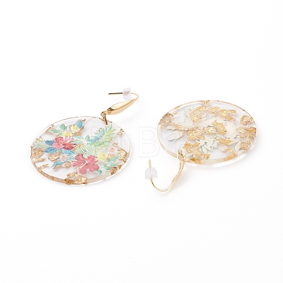 Transparent Epoxy Resin Flat Round with 3D Printed Flower Pattern Dangle Earrings EJEW-JE04580-1