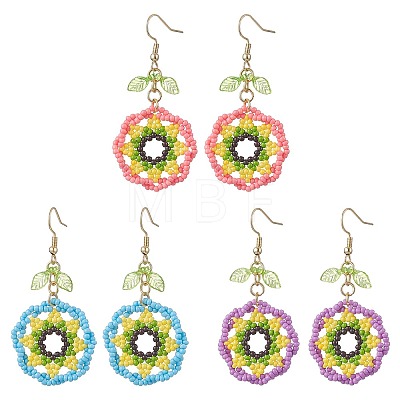 3 Pairs 3 Colors Glass Seed Beaded & 304 Stainless Steel Dangle Earrings EJEW-MZ00719-1