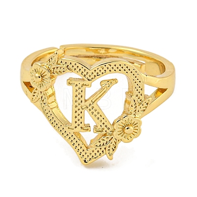 Heart with Letter & Flower Rack Plating Brass Adjustable Rings for Women RJEW-I105-05G-K-1