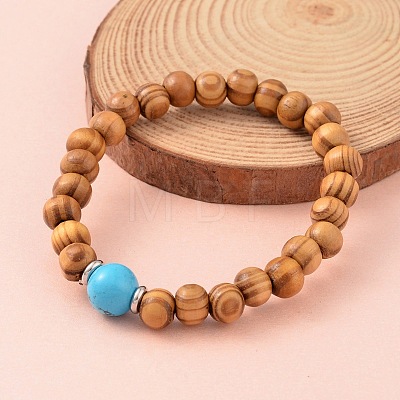 Round Wood Bead Stretch Bracelets BJEW-JB02139-1