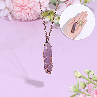 1Pc Natural Amethyst Bullet Macrame Pouch Pendant Alloy Chain Necklaces NJEW-PA0001-01B-1