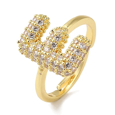 Rack Plating Letter Brass Micro Pave Clear Cubic Zirconia Adjustable Rings for Women KK-S391-03G-E-1