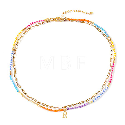 Colorful Glass Seed Beaded Initial Pendant Double Layer Necklaces QS3881-18-1
