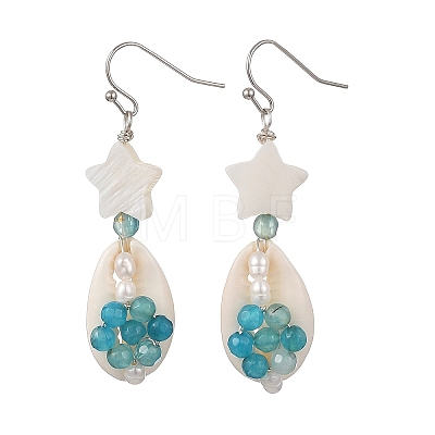 Natural Agate & Cultured Freshwater Pearl & Cowrie Shell Beads Dangle Earrings EJEW-JE07199-1