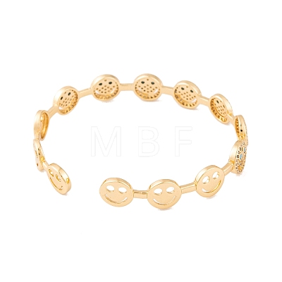 Brass Micro Pave Clear Cubic Zirconia Smiling Face Open Cuff Bangles for Women BJEW-S147-24G-1