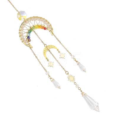 Star Moon Brass & Rainbow Chakra Glass Beads Suncatchers HJEW-TA00502-1