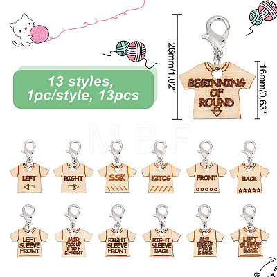 13Pcs 13 Style T-shirt Direction Guide Wood Pendant Locking Stitch Markers HJEW-AB00648-1