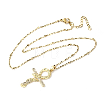 Brass Micro Pave Clear Cubic Zirconia Snake Wrapped Ankh Cross Pendant Necklaces LS-NJEW-S446-01G-1