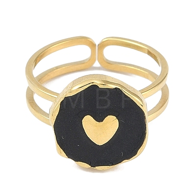 Ion Plating(IP) 304 Stainless Steel Enamel Flat Round with Heart Cuff Finger Rings RJEW-L107-073G-02-1