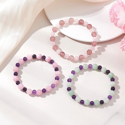 3Pcs Natural Quartz & Rose Quartz Beads Stretch Bracelet for Women BJEW-JB13153-1