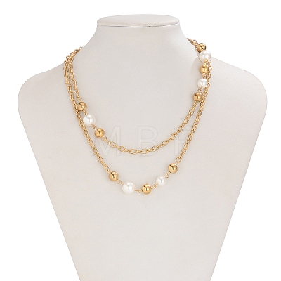 Alloy & Plastic Imitation Pearl White Round Beads Handmade Link Chain Long Necklaces for Women FS-WG575FB-01-1