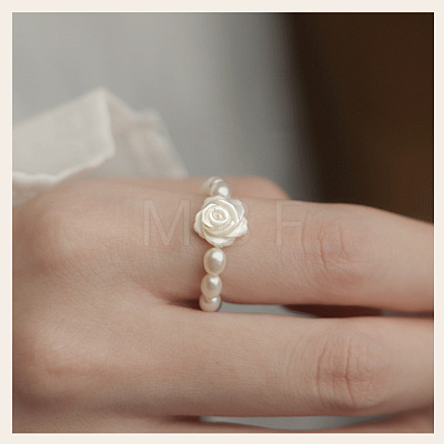 Flower Shell Pearl with Natural Freshwater Pearl Rice Beaded Finger Rings for Women FS-WGB4426-02-1