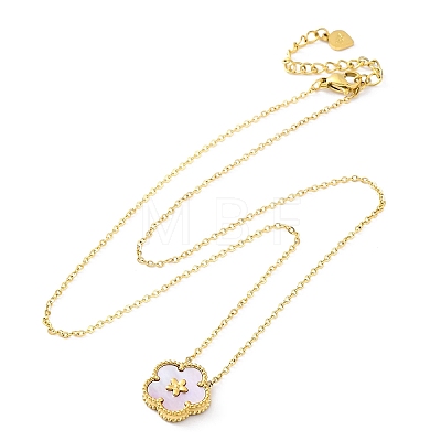 304 Stainless Steel Pave Natural Pink Shell Flower Pendant Necklaces for Women NJEW-U032-16G-01-1