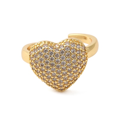 Heart Brass Micro Pave Clear Cubic Zirconia Open Cuff Rings for Women RJEW-A048-08G-1