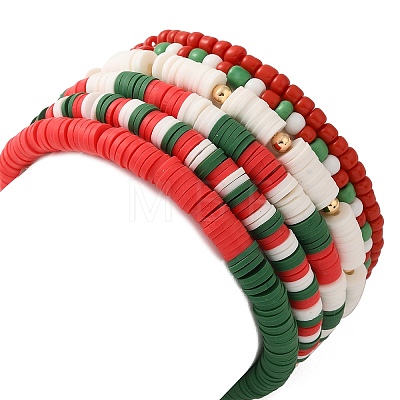 6Pcs Christmas Theme Polymer Clay Heishi Beads & Glass Seed Beaded Stretch Bracelets Set BJEW-TA00539-1